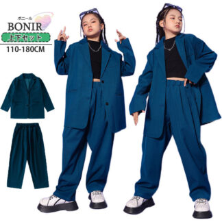 紺色 スーツ ダンス衣装 セットアップ キッズ ジャケット パンツセット 女の子 男の子 ブルー 長袖 コート かっこいい ジャズ k-pop ヒップホップ 厚手 オーバーサイズ hiph