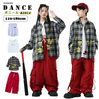 キッズ ダンス衣装 チェック シャツ 派手 長袖 トップス 赤カーゴパンツ ダンスウェア セットアップ ヒップホップ ストリート 男女兼用 チーム衣装 子供服 ダボダボ 男の子 韓国 Y2K 女の子