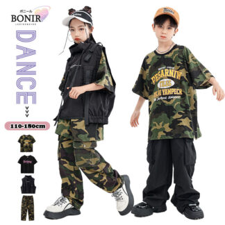 キッズダンス衣装 チアガール 半袖 Tシャツ へそ出し ベスト 黒 迷彩柄 ロングパンツ ヒップホップ k-pop 男の子 女の子 子供服 チーム衣装 練習着 衣装 ジャズダンス ストリート ダンス