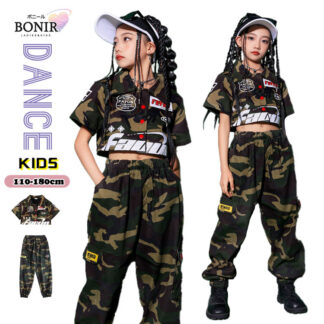 キッズダンス衣装 セットアップ ヒップホップ 迷彩セット ダンス衣装 パンツ 半袖シャツ ジャケット 女の子 チーム衣装 舞台服 ヘソ出し キッズ 衣装 ガールズ h ダンス
