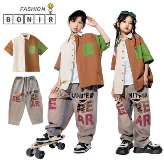ダンス衣装 キッズ セットアップ ブラウン シャツ ダメージ デニムパンツ 半袖 子供服 ヒップホップ ゆったり ダンス 女の子 男の子 ステージ衣装 ストリート系 レッス HIPHOP
