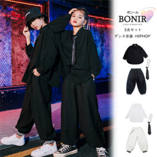 キッズダンス衣装 子供服 セットアップ 白 黒 シャツ パンツ ネクタイ付き 3点セット 女の子 男の子 制服 ヒップホップ ダンス 衣装 ストリート 演出服 体操服 レッスン 學院風