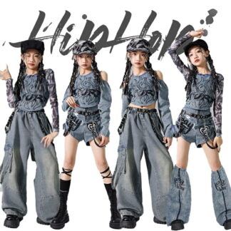 子供服 キッズ デニム キャミソール ダンス衣装 女の子 ガールズ 長袖 へそ出し 長ズボン デニムズボン 短パンツ ダンスウェア 発表会 応援団 イベント ジュニア 普段着 jazz K