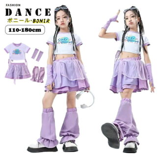 ダンス衣装 キッズ HIPHOP Y2K チーム衣装 紫スカート 可愛い 女の子 セットアップ 半袖 Tシャツ へそ出し トップス チアダンス パープル スカート 韓国k- ヒップホップ