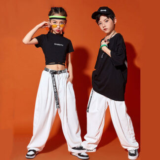 キッズダンス衣装 セットアップ 黒シャツ 半袖 ヒップホップ 白パンツ サルエルパンツ 韓国 ジャズ ガールズ ダンス k-pop 子供服 男の子 女の子 体操服 団体 ステージ衣装 レッスン