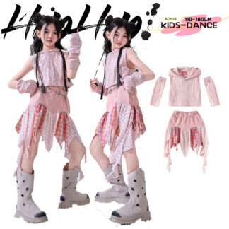 女の子 ダンス衣装 K-POP風 アイドル風 Y2K ピンク ダメージ フード付 無袖 タンクトップ へそ出し リストカバー アームカバー ギンガムチェック パッチワークスカート こども