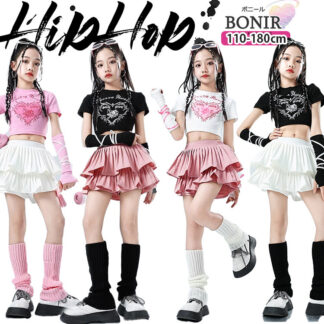 子供服 ダンス衣装 キッズダンス hiphop へそ出し ピンク 黒 白 ハート 半袖 リボン アームカバー ボリューム スカート ルーズソックス 女の子 ガールズ 団体服 発表会 応援