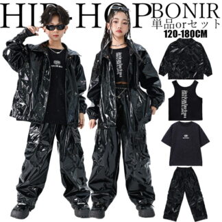 子供服 キッズ ダンス衣装 ダンスウェア ヒップホップ スタイル レザー パンツ 上下セット 黒 オーバーサイズ ジャケット 男女兼用 韓国ファッション ダンスイベント 舞台衣装 個性