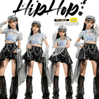 女の子 ダンス衣装 K-POP風 オーロラカラー シルバー 半袖 スーパークロップドトップス キャミソール へそ出し フリンジ アームカバー 革 黒 短パン チュール メッシュ ルーズソック