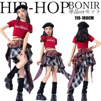 キッズ ダンス 衣装 Y2K セットアップ チェックスカートレッド Ｔシャツ アシンメトリースカート カコイイ 派手 hiphop ジャズ 韓国 K-POP 子供服 女の子 単品 ステージ