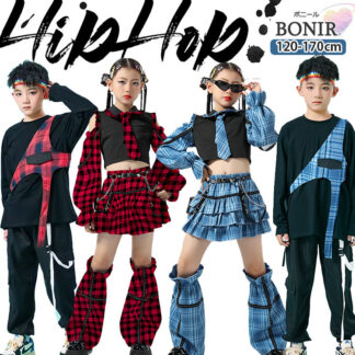 チェック柄 子供服 ダンス衣装 へそ出し 長袖 ネクタイ ボリューム スカート キッズダンス レッグウォーマー 女の子 男の子 ベスト ロングT パンツ ガールズ 団体服 発表会 応援団