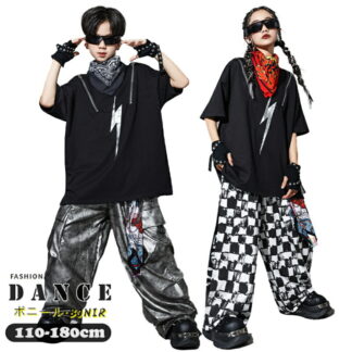 キッズ ダンス衣装 ストリート 発表会 ヒップホップ ブラック Tシャツ シルバー ワイドパンツ チェック柄 ズボン セットアップ ダンスウエア ダンス服 男の子 チーム衣装 練 女の子