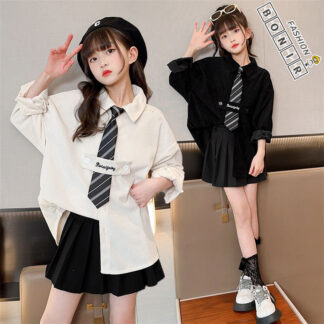キッズシャツ 長袖 コーデュロイ シャツ ネクタイ付き 子供 学院風 発表会 キッズ服 無地 小学生 中学生 高校生 人気 トップス ベビー 子供服 春 秋 冬 通学 通園 シンプル ジュニア