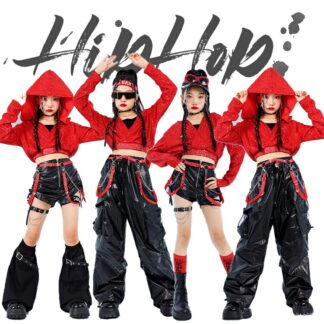 ダンス スパンコール キッズ 女の子 Y2K へそ出し ダンス衣装 レッド ブラック フード付き レザー ガールズ 短パンツ 長袖 長パンツ ダンスウェア 発表会 イベント ジュニア カッコイ