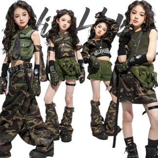 迷彩 女の子 ダンス衣装 キッズ グリーン ストリート セットアップ 長ズボン 迷彩パンツ ダンス 短パンツ へそ出し アームカバー レッグウォーマー ダンスウェア 団体服 発表 ガールズ