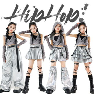 ダンス キッズ 女の子 シルバー ティアードスカート スパンコール ダンス衣装 フード付き ガールズ 無袖 スカート 長ズボン 短パンツ ダンスウェア 発表会 イベント ジュニア カッコイイ 応援団