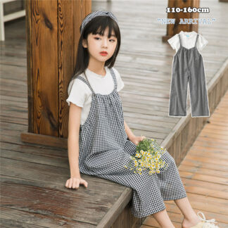 サロペット ワイドパンツ 子供服 女の子 セットアップ ガールズ 半袖tシャツ 2点セット オーバーオール オールインワン チェック柄 ゆったり キッズ服 普段着 カジュアル 重ね着風