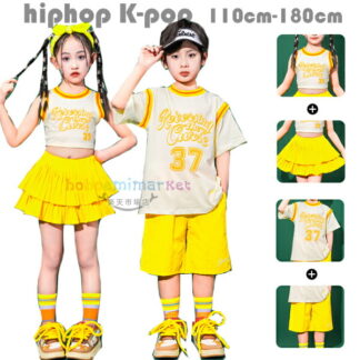 キッズダンス セットアップ イエロー 女の子 男の子 hiphop K-pop 演出服 応援団 舞台 団体服 躍動感いっぱい ダンス衣装 個性プリント ダンスウェア ジャズダンス チアガール衣