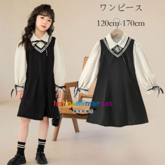 韓国子供服 切り替え ワンピース 女の子 ブラック フォーマル 結婚式 誕生日 呼ばれ 発表会 キッズ 長袖ワンピ アンサンブル おしゃれ ワンピー 小学生 通学着 プ ワンピ