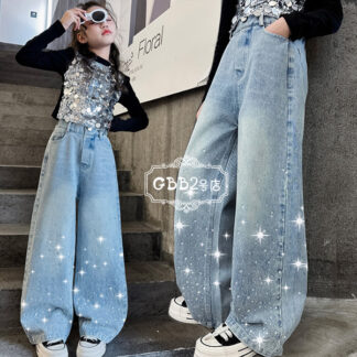 韓国子供服 女の子 デニムパンツ 春秋 新品 おしゃれ ジーンズ キラキラ スパンコール デニムワイドパンツ ガールズ カジュアルパンツ ライトブルー K-pop 演出服 団体服 普段着
