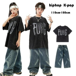 キッズダンス ドラムショー 公演服 セットアップ 女の子 男の子 hiphop K-pop 舞台 団体服 演出服 半袖 Tシャツ デニム パンツ ストリートダンス ジャズダンス 運動会、応援