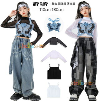 ダンス衣装 女の子 蝶のキャミソール ブラック長袖 ホワイト長袖 hiphop K-pop 舞台 団体服 演出服 キッズ おしゃれ 新品 ステージ衣装 へそ出し トップス ボトム jazz