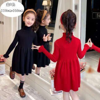 韓国子供服 ワンピース 女の子 ニットワンピース ハイネック ブラック レッド 膝丈上 キッズ 子供 姉妹 双子 誕生日 結婚式 お呼ばれ お食事会 秋冬 可愛い ワンピー 長袖 暖かい