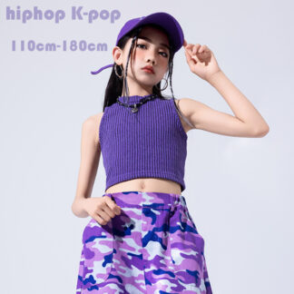 ダンス衣装 女の子 へそ出し トップス 紫 タンクトップ キッズ ダンスウェア パープル ベスト ファッション ストリートダンス 公演服 チアガール 運動会、応援 ドラムショー