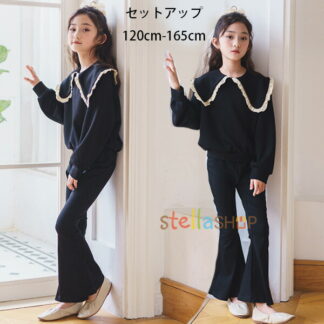 子供服 女の子 秋服 ブラック セットアップ スウェット+パンツ 2点セット キッズ 上下セット パンツセット ガールズ かわいい 暖かい 長袖 ラペル スウェット 長ズボン お呼ばれ お食事