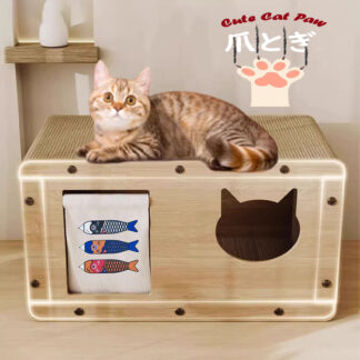 猫 爪研ぎ 段ボールハウス キャットハウス 爪とぎ 猫爪研ぎ 猫の爪研ぎ キャット 組立簡単 ペットベッド ダンボール 隠れ家 8面 猫窓 鯉柄のれん ボックス 可愛い 耐久性 猫の爪とぎベッド