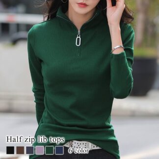 Tシャツ レディース ハーフジップリブトップス ゆったり ブランド 春 キャンバー コーデ 綿 ブラック ブラウス 40代 カットソー カジュアル ロング かわいい トレーナー 厚手 人気 ティー
