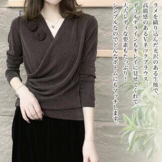 ブラウス レディース Vネックラメブラウス 高品質 長袖 人気 フォーマル 白 事務服 厚手 黒 オフィス レース シフォン フリル おしゃれ ボウタイ Tシャツ ブランド きれいめ ノ カジュアル
