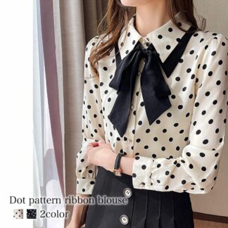 ブラウス レディース ドット柄リボンブラウス 事務服 フリル 高品質 Tシャツ 春 スーツ ボウタイ ワンピース 人気 ノーアイロン 秋 きれいめ 白 オフィス 50代 冬 ブランド 長袖 シャ