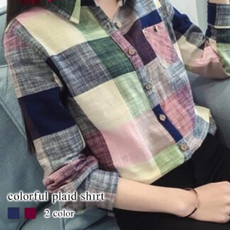 シャツ レディース カラフルチェック柄シャツ 麻 カットソー トップス ブラウス 襟付き Tシャツ ポロシャツ おしゃれ ロゴ スポーツ 春 カジュアル 秋 長袖 ブランド 形態安定 しわに