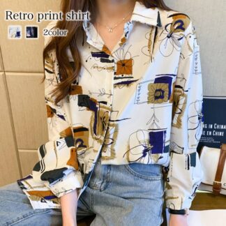 シャツ レディース レトロ総柄シャツ 長袖 暖かい スポーツ かわいい おしゃれ 秋 厚手 ブラウス カットソー しわになりにくい 麻 ポロシャツ 大人 ゆったり 春 ランニング 事務服 ロ