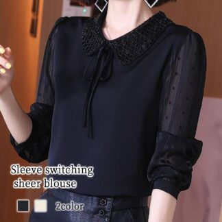 ブラウス レディース 袖切り替えシアーブラウス フリル Tシャツ 白 シフォン 50代 冬 カットソー 高品質 長袖 事務服 春 きれいめ シャツ ノーアイロン レース ワンピース ブランド スーツ