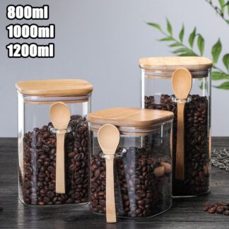 保存容器 コーヒー豆 ガラス 貯蔵タンク スプーン付き キャニスター 耐熱ガラス 密閉保存瓶 木製の蓋 食品貯蔵タンク 保存びん 砂糖入れ キッチン収納 保存缶食品貯蔵タンク 大容量 800m