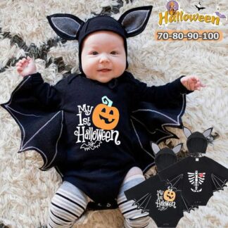 ハロウィン コスプレ 赤ちゃん ベビー コウモリ 帽子付き 2点セット かぼちゃ柄 スケルトン柄 ハロウイン衣装 子供用 キッズコスチューム 男の子 女の子 仮装 余興 出産祝い パー 変装