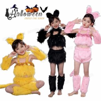 し 6色 ピンク イエロー 黒猫 白猫 セット コスプレ ネコ 子供 かわいい もこもこ 子供ハロウィン 可愛い 猫 衣装