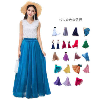 裏地あり レディース ロングスカート フレアスカート マキシスカート マキシ 夏 体型カバー 2枚重ね 大きいサイズ ウエストゴム XS M L XL S