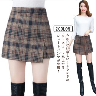 ミニスカート ショートパンツ キュロット チェック柄 ミニスカ レディース ウール調 スカートショートパンツ Aライン スカパン ハイウェスト ショート丈 きれいめ カジ 台形