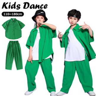 緑 グリーン シンプル 無地 キッズ ダンス衣装 セットアップ ヒップホップ 半袖シャツ ロングパンツ トップス 派手 ジャズ ストリート ダンス ダンスウェア 演出服 ダンス発表会 女の子 練習着