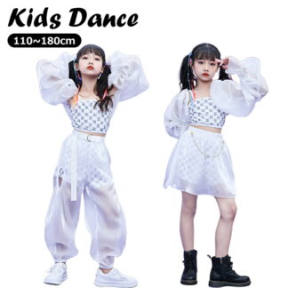 肌見え シースルー キッズ ダンス衣装 韓国 ガールズ チアガール 衣装 ホワイト へそ出し スカート パンツ ヒップホップ HIPHOP K-POP ストリート ダンスウェア 練習着 演出服