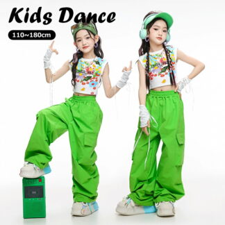 キッズ ダンス衣装 セットアップ 緑 柄トップス カーゴパンツ イベント かっこいい 女の子 韓国 ヒップホップ HIPHOP K-POP ジャズ ストリート ダンス 練習着 演出服 発