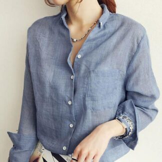 トップス シャツレディース 綿麻 薄手 ブルー フォーマル ビジネス ブラウス 作業着 事務服 ワイシャツ オフィススタイル通勤OL 制服