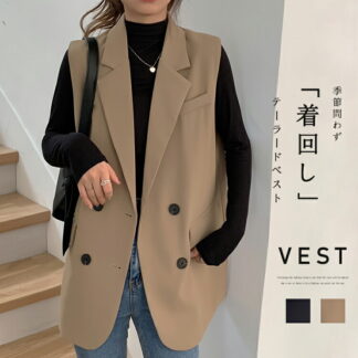 ダブル ジレ ベスト レディース おしゃれ 前開き テーラード ジャケット ノースリーブ 袖なし 重ね着 フォーマル スーツベスト レイヤード 通勤 OL ダブルボタン トップス アウター ラ
