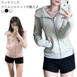 パーカー ハイネックフード付きジップアップパーカー スリム 細身 スウェット レディース タイト 指穴カット ジップパーカー アウター 羽織り ヨガウェア スポーツウェア ラン 20代30代
