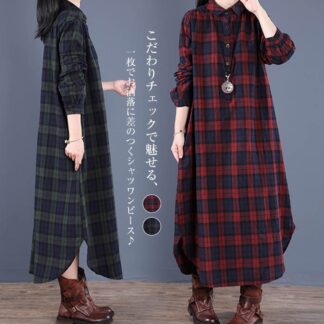シャツワンピース 長袖 秋冬 ロングシャツ チェック柄 大きいサイズ レディース 春秋 ロングワンピース ワンピース 綿麻風ワンピース ロング丈 リネン風 体型カバー 大き 綿麻風