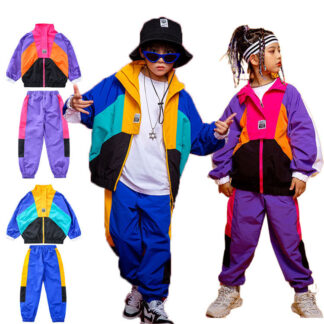 ウインドブレーカー セットアップ パープル ブルー キッズ ダンス衣装 ヒップホップ 男の子 女の子 子供服 ストリート 原宿系 レッスン ジャズ hiphop ロックダン ダンスウェア