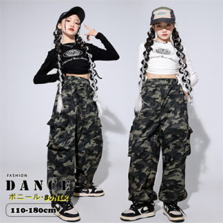 キッズ ダンス衣装 HIPHOP Y2K 女の子 チーム衣装 舞台服 ストリート B系 迷彩パンツ へそ出し トップス 長袖 迷彩カーゴパンツ 韓国 子供服 ヒップホップ ダ KPOP